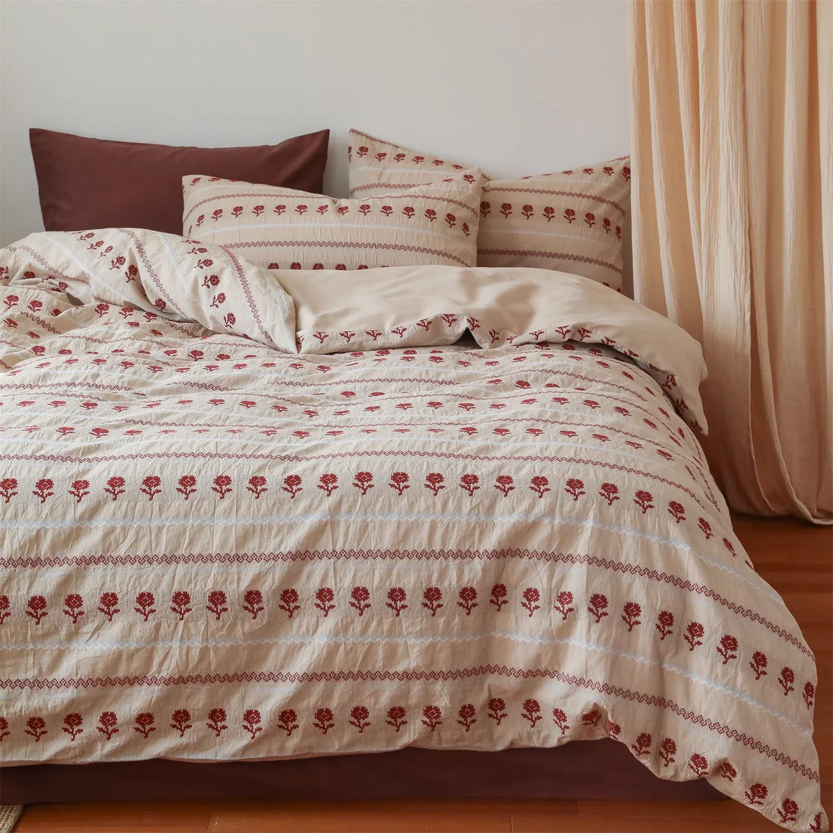Duvet Set Cotton Blend Linen Texture Embroidered Rose