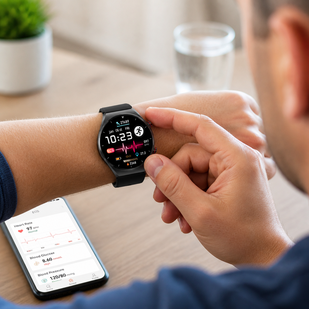 ECG & Afib Detection Blood Glucose 15-Day Battery Health Smartwatch