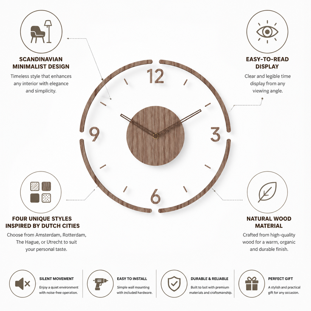 Easy-To-Read Scandinavian Wood Wall Clock (35 cm)
