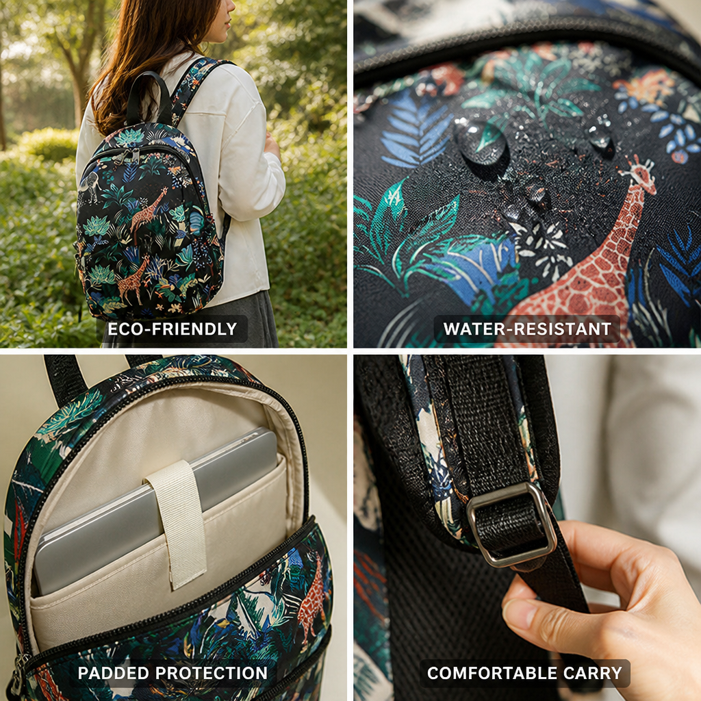Eco-Friendly Botanical-Print Water-Resistant Backpack (Padded Laptop Sleeve)