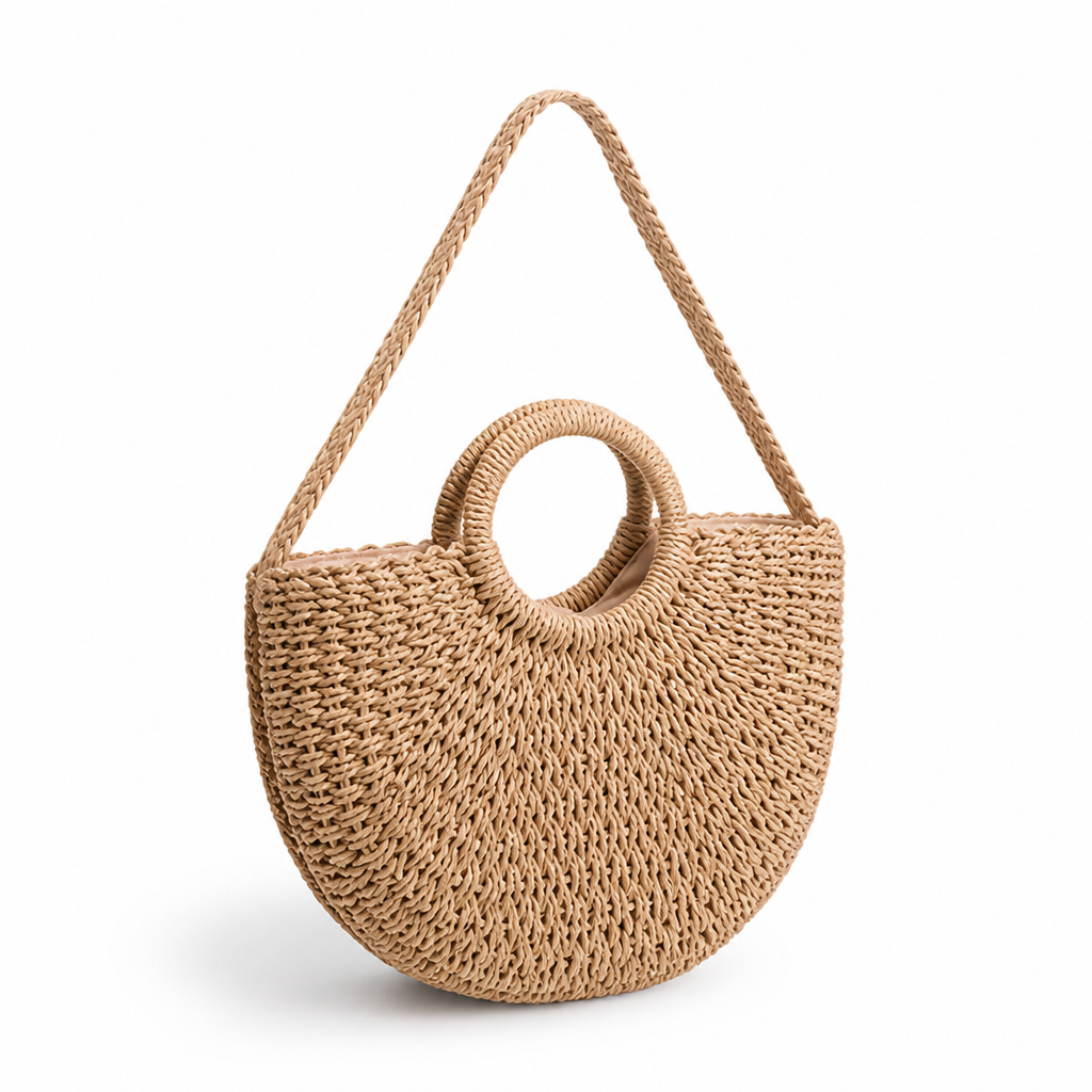 Eco-Friendly Handwoven Straw Crescent Bag (Round Handle)
