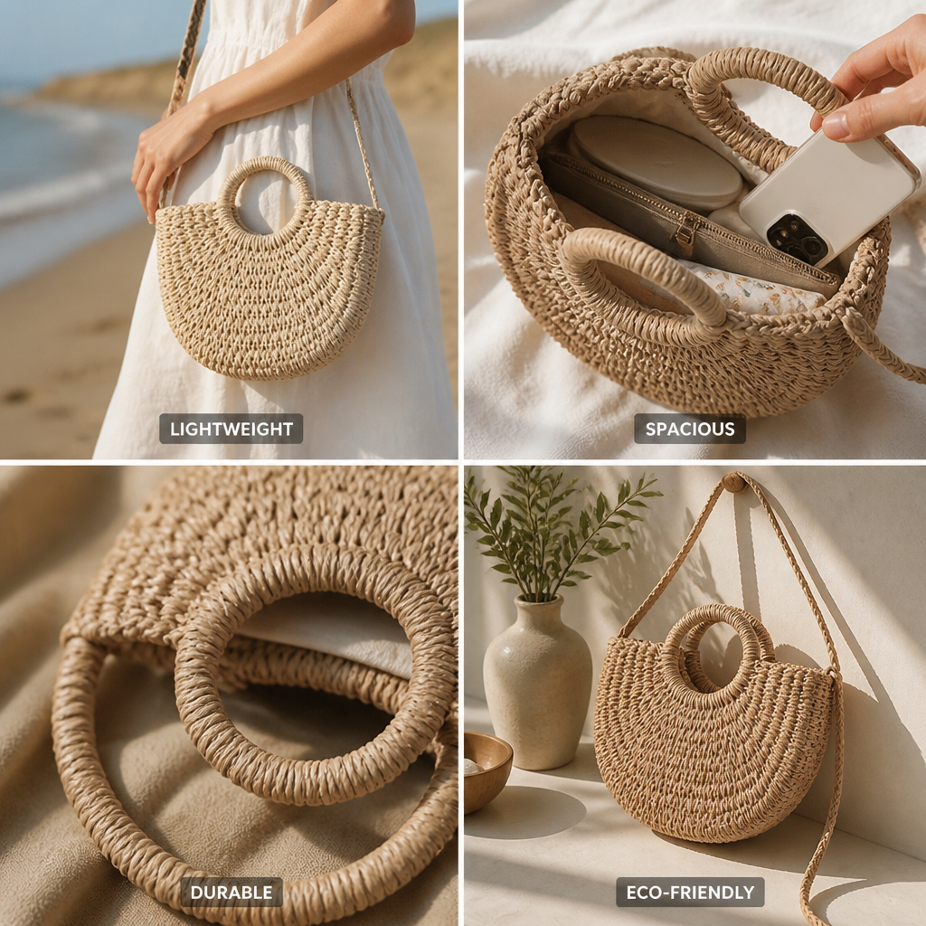 Eco-Friendly Handwoven Straw Crescent Bag (Round Handle)