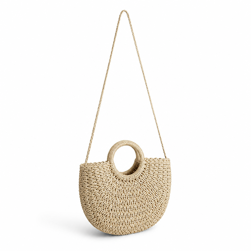 Eco-Friendly Handwoven Straw Crescent Bag (Round Handle)