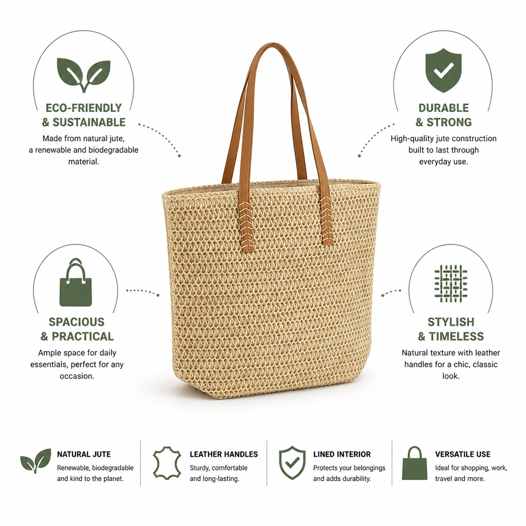 Eco-Friendly Jute Tote (Lined Interior & Leather Handles)