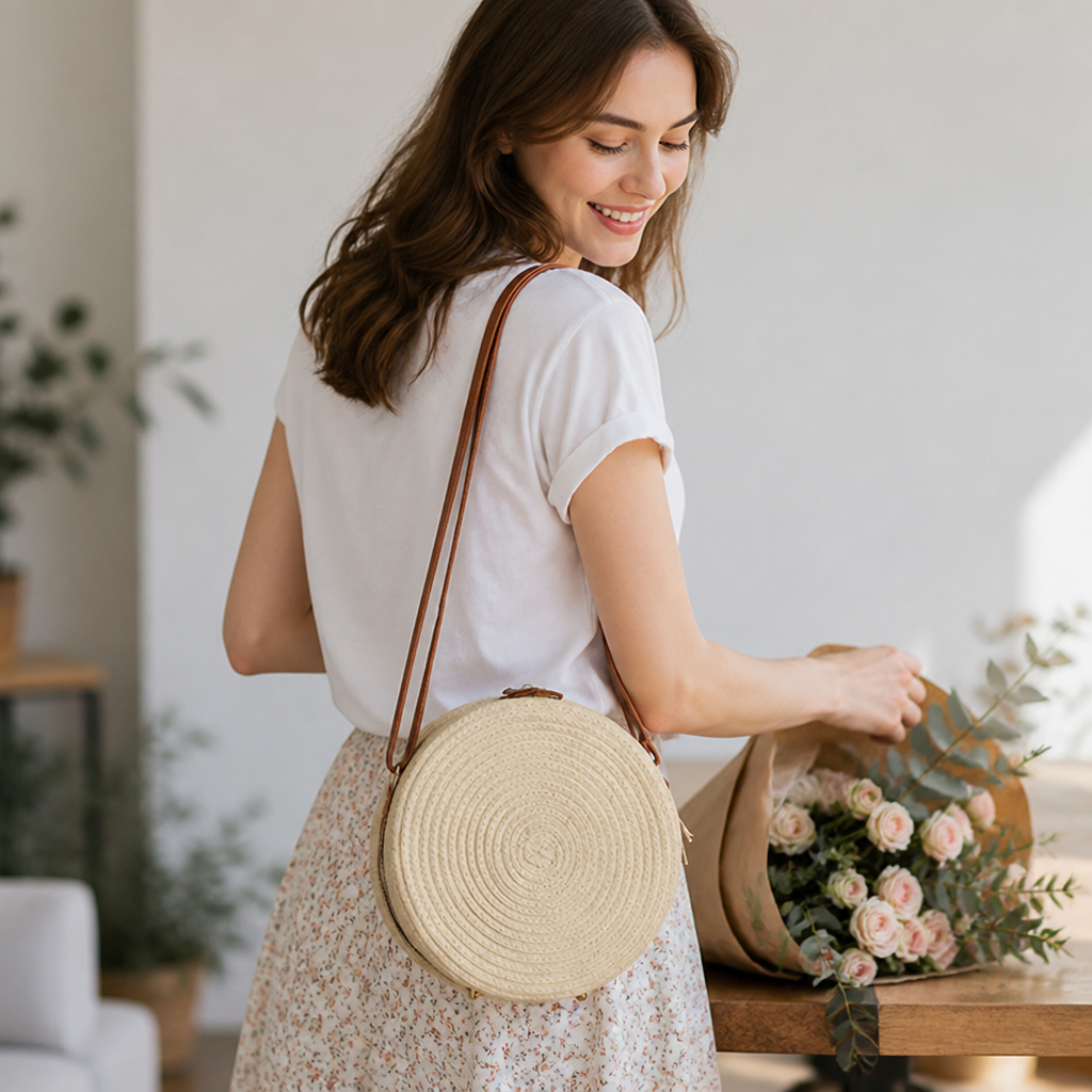 Eco-Friendly Natural Leather-Handled Round Shoulder Bag
