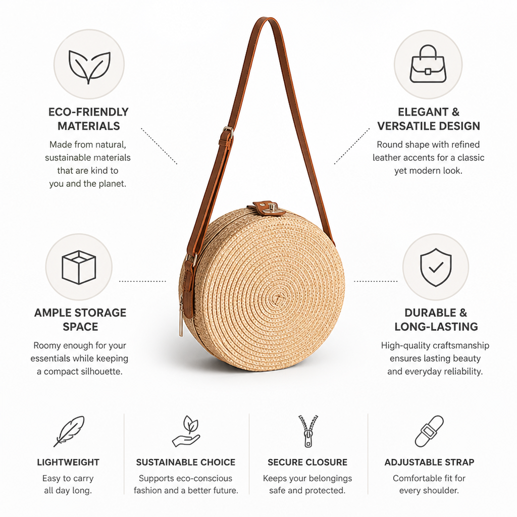 Eco-Friendly Natural Leather-Handled Round Shoulder Bag