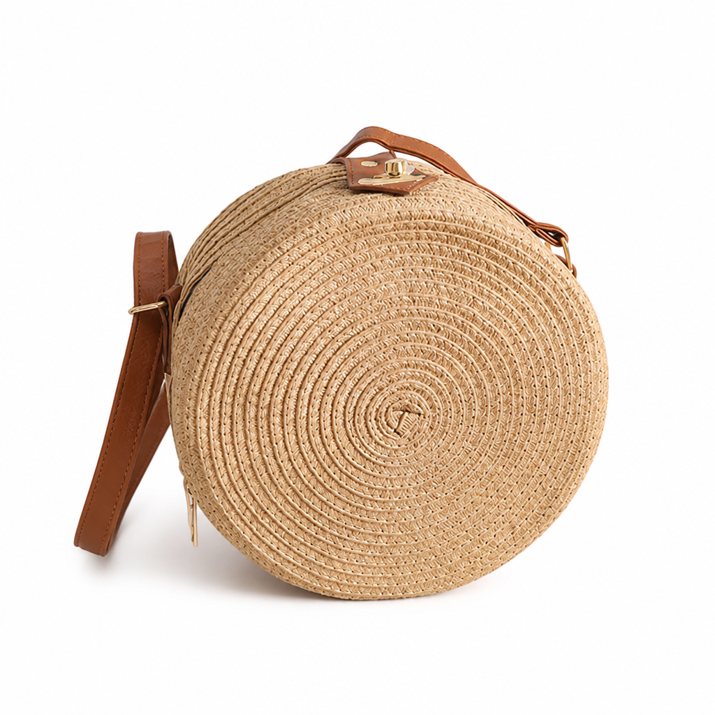 Eco-Friendly Natural Leather-Handled Round Shoulder Bag