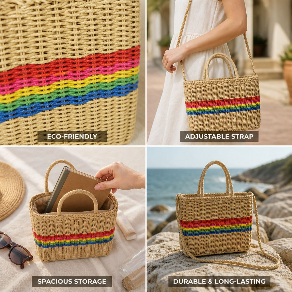 Eco-Friendly Natural Raffia Striped Handbag (Adjustable Strap)