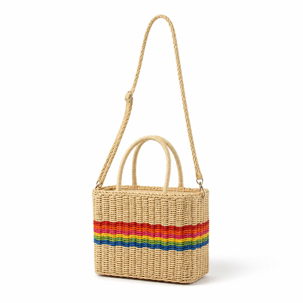 Eco-Friendly Natural Raffia Striped Handbag (Adjustable Strap)