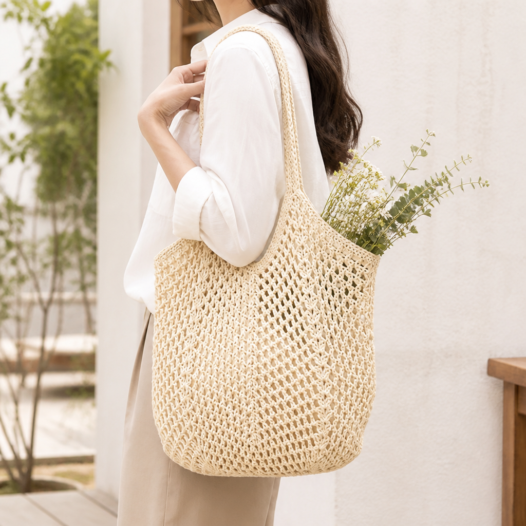 Eco-Friendly Natural Woven Tote Bag (Hand-Knotted Handles)