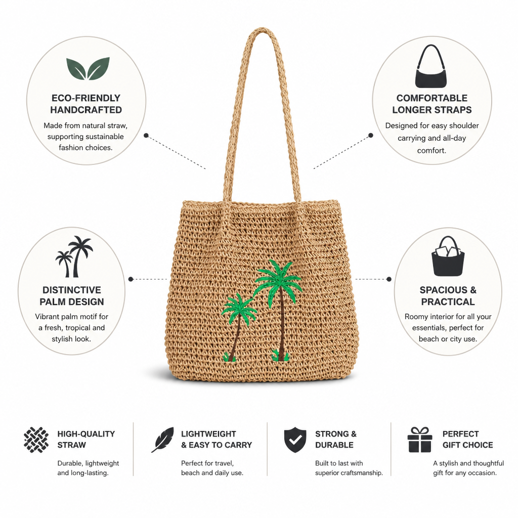 Eco-Friendly Palm-Print Straw Tote Bag (Long Straps)