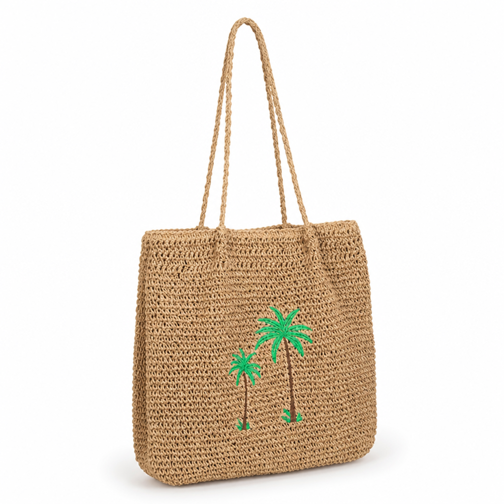 Eco-Friendly Palm-Print Straw Tote Bag (Long Straps)