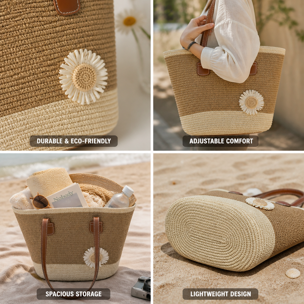 Eco-Friendly Straw Floral Applique Tote (Adjustable Leather Handles)