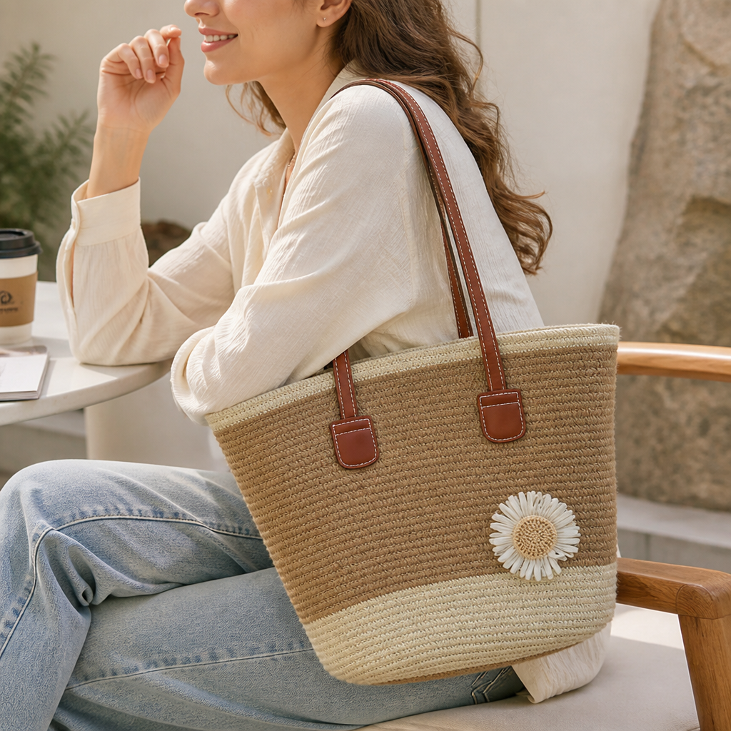 Eco-Friendly Straw Floral Applique Tote (Adjustable Leather Handles)