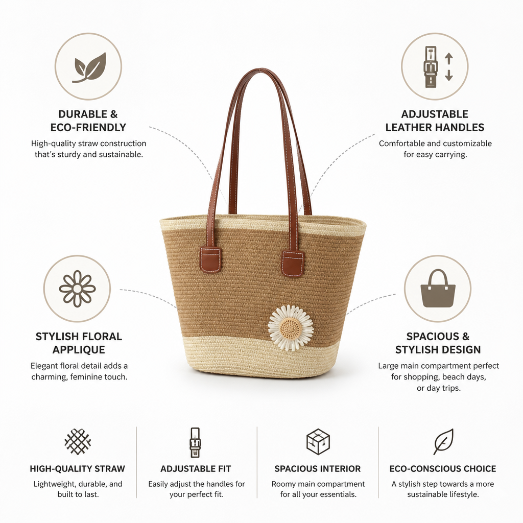Eco-Friendly Straw Floral Applique Tote (Adjustable Leather Handles)