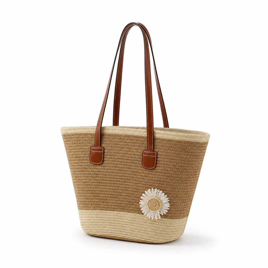Eco-Friendly Straw Floral Applique Tote (Adjustable Leather Handles)