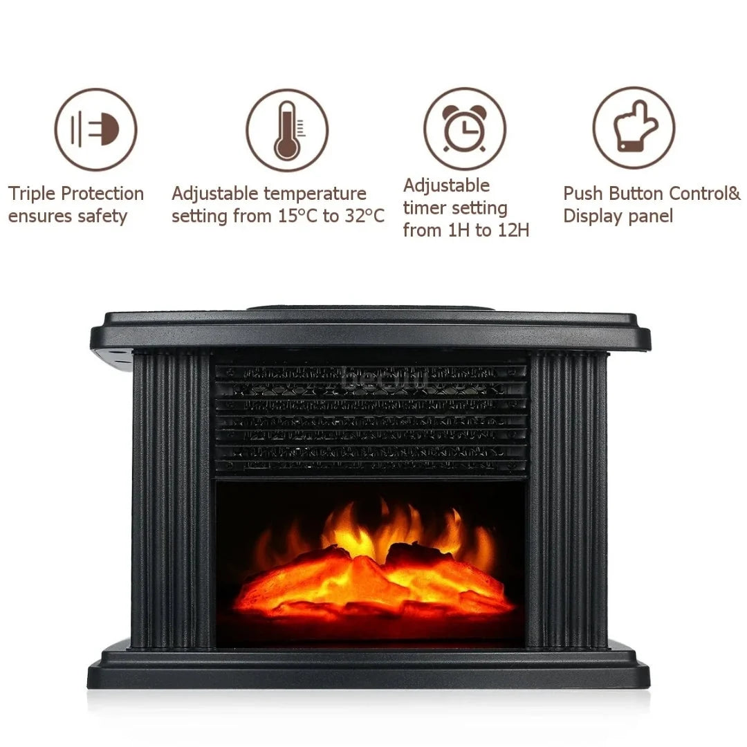 Electric Fireplace Heater Compact 1000W Flame Effect Timer