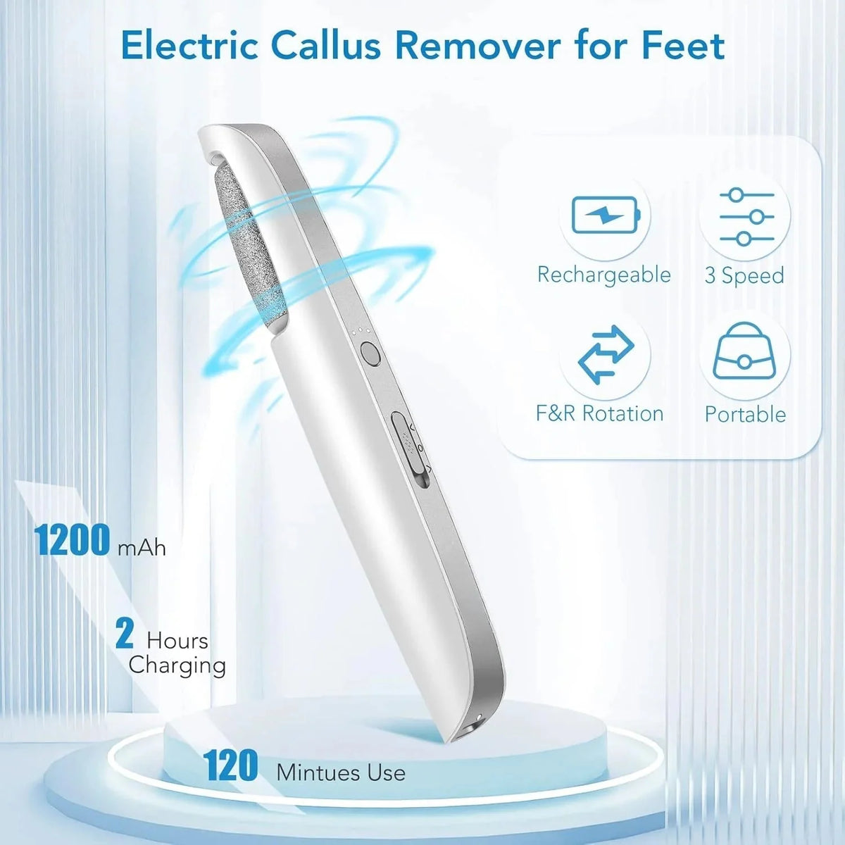 Electric Foot File Rechargeable Cordless Dual Roller Heads 3 Speeds