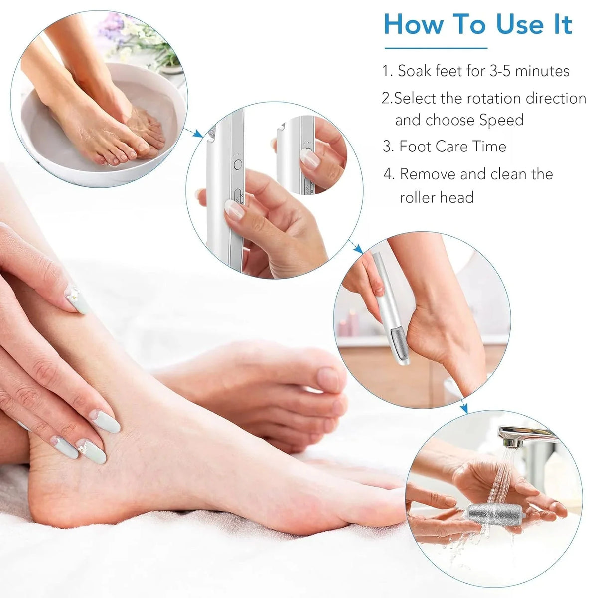 Electric Foot File Rechargeable Cordless Dual Roller Heads 3 Speeds