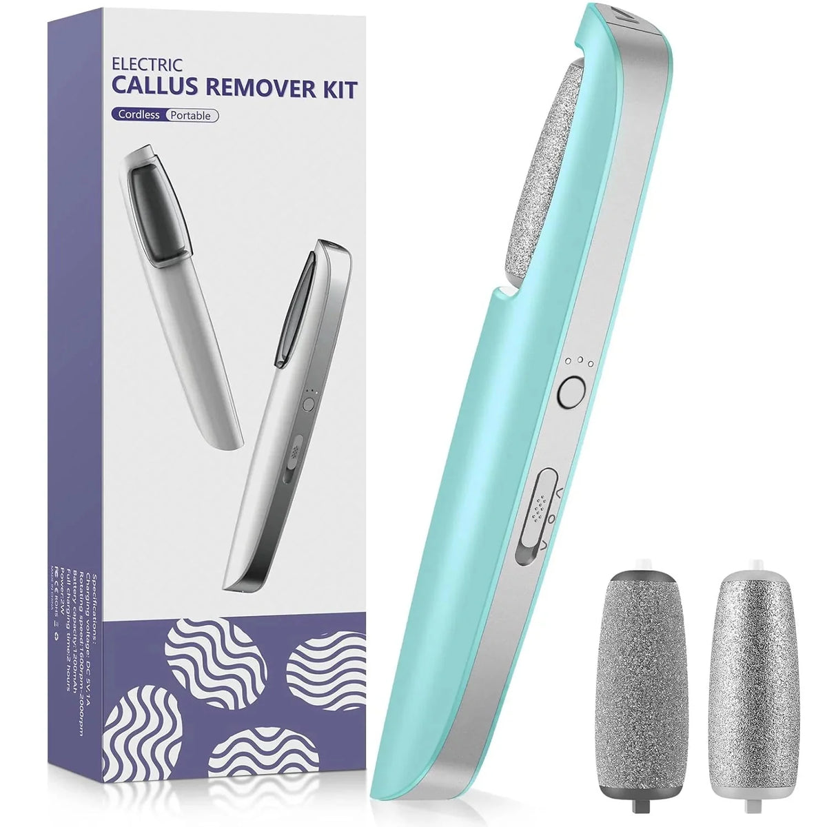 Electric Foot File Rechargeable Cordless Dual Roller Heads 3 Speeds