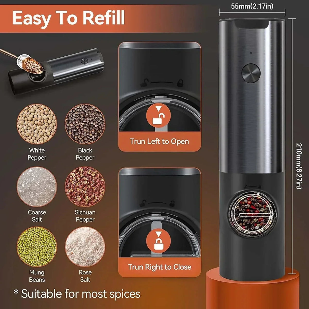 Electric Salt & Pepper Grinder Set of 2 USB-C Rechargeable