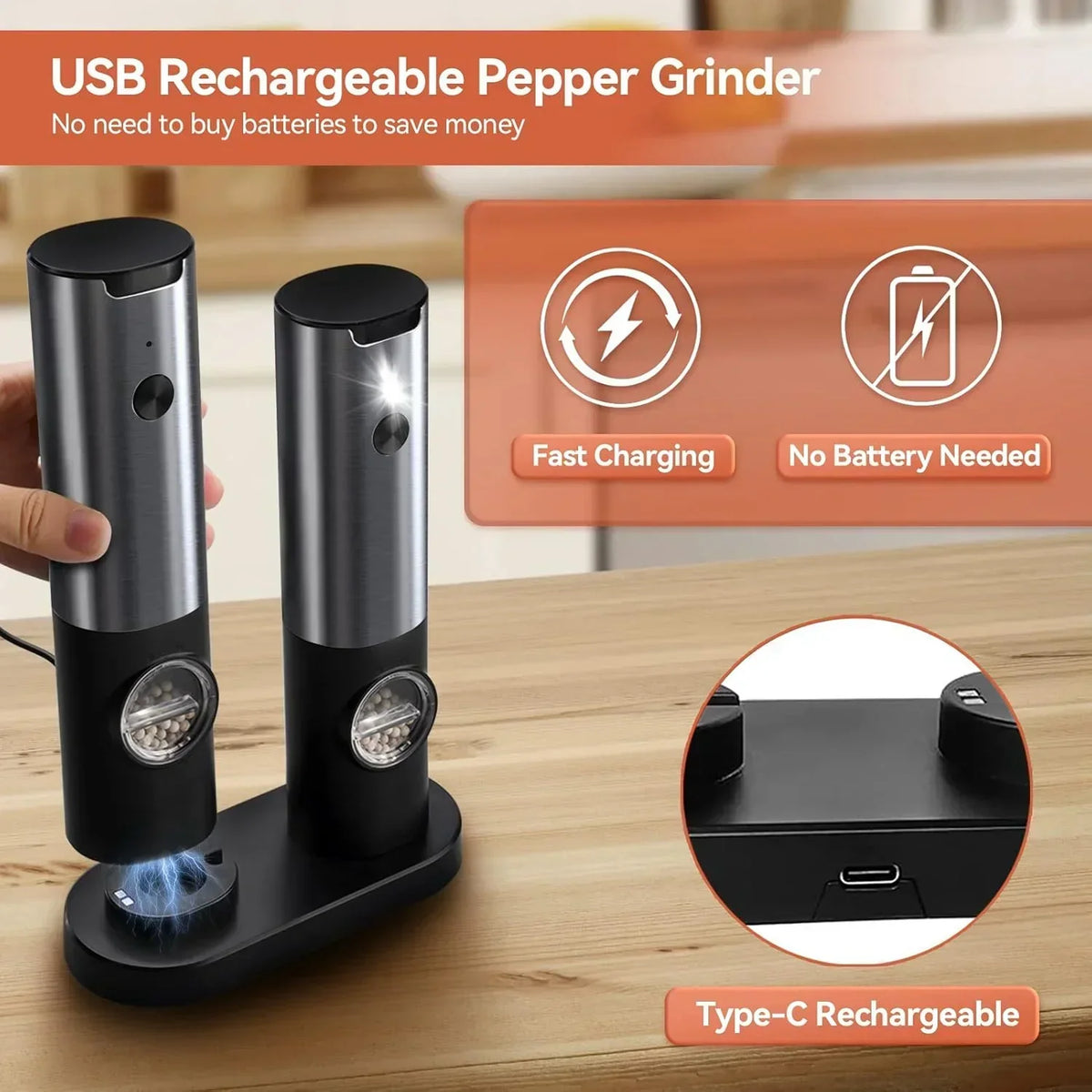 Electric Salt & Pepper Grinder Set of 2 USB-C Rechargeable