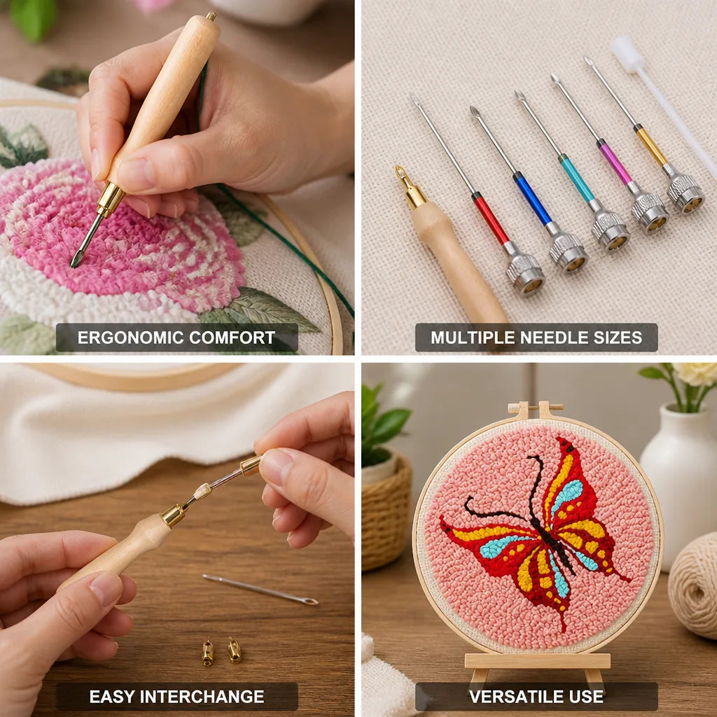 Embroidery Punch Needle Ergonomic Wooden Handle Stainless Steel Needles