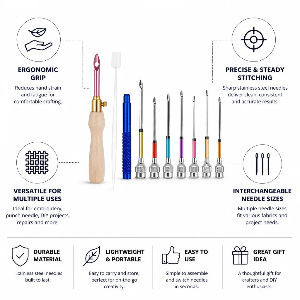 Embroidery Punch Needle Ergonomic Wooden Handle Stainless Steel Needles