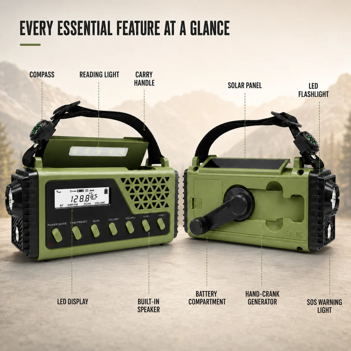 Emergency Radio Hand Crank & Solar Charging 10,000 mAh Battery