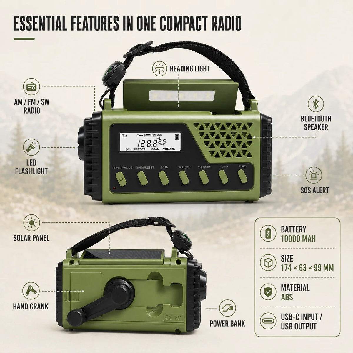 Emergency Radio Hand Crank & Solar Charging 10,000 mAh Battery