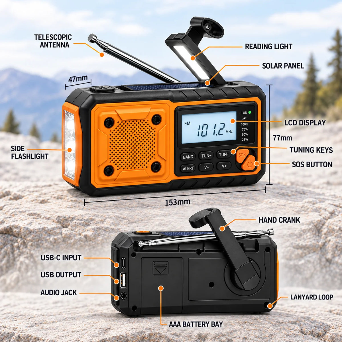 Emergency Radio Hand Crank & Solar Charging Bluetooth Flashlight