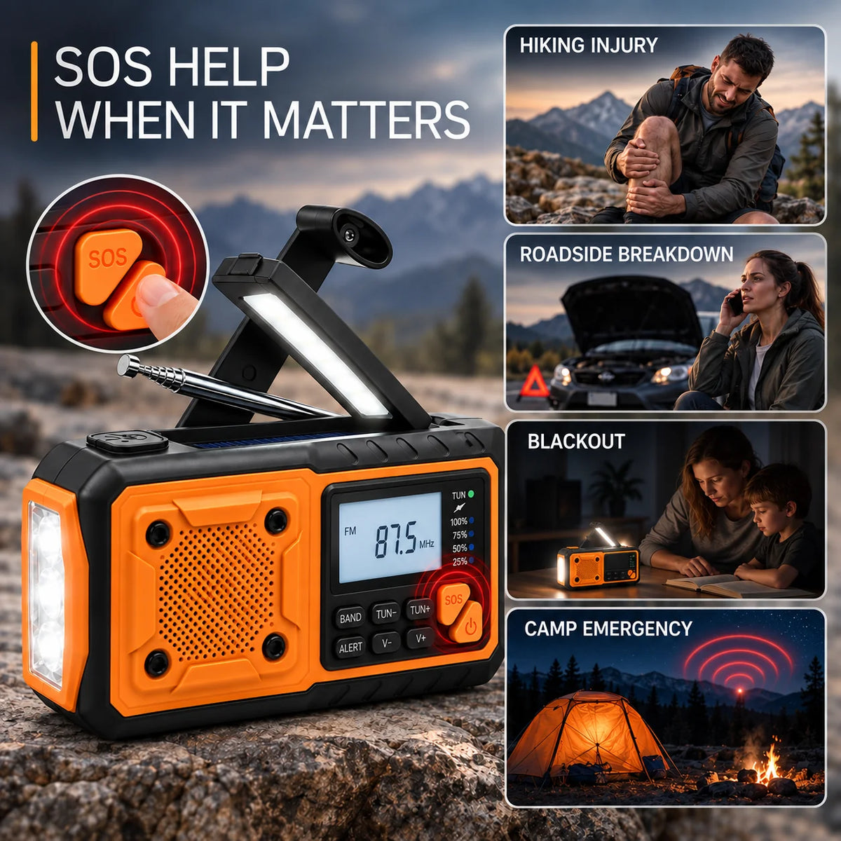 Emergency Radio Hand Crank & Solar Charging Bluetooth Flashlight
