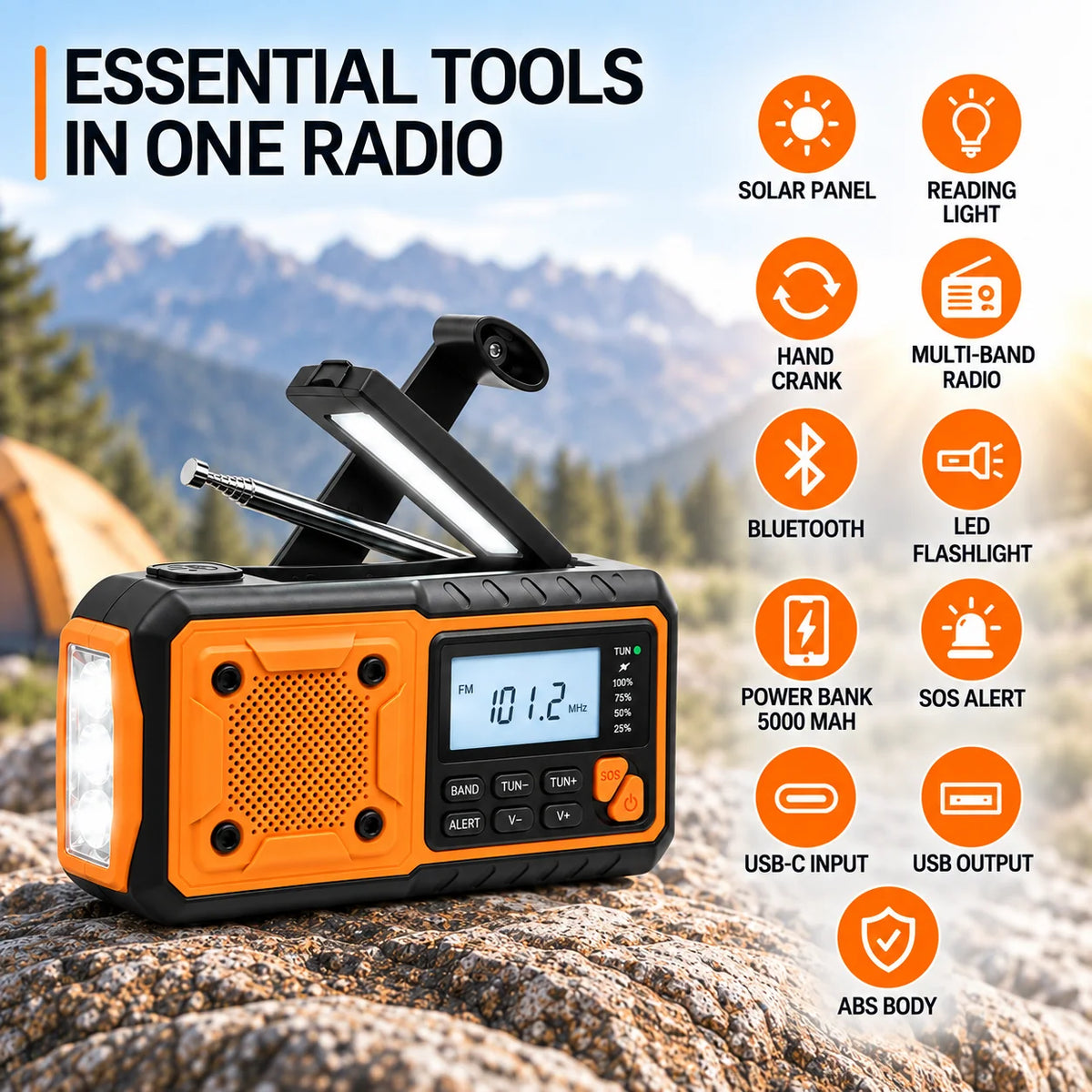 Emergency Radio Solar & Hand Crank Charging Bluetooth Speaker Flashlight