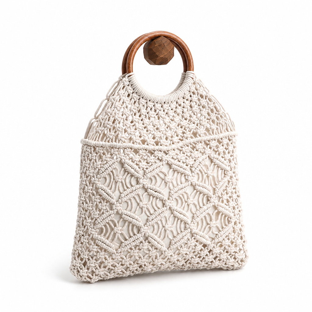 Ergonomic Wooden-Handle Macrame Bag