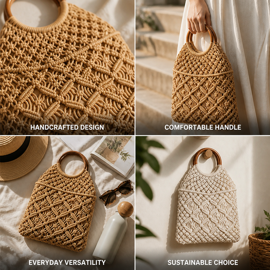 Ergonomic Wooden-Handle Macrame Bag