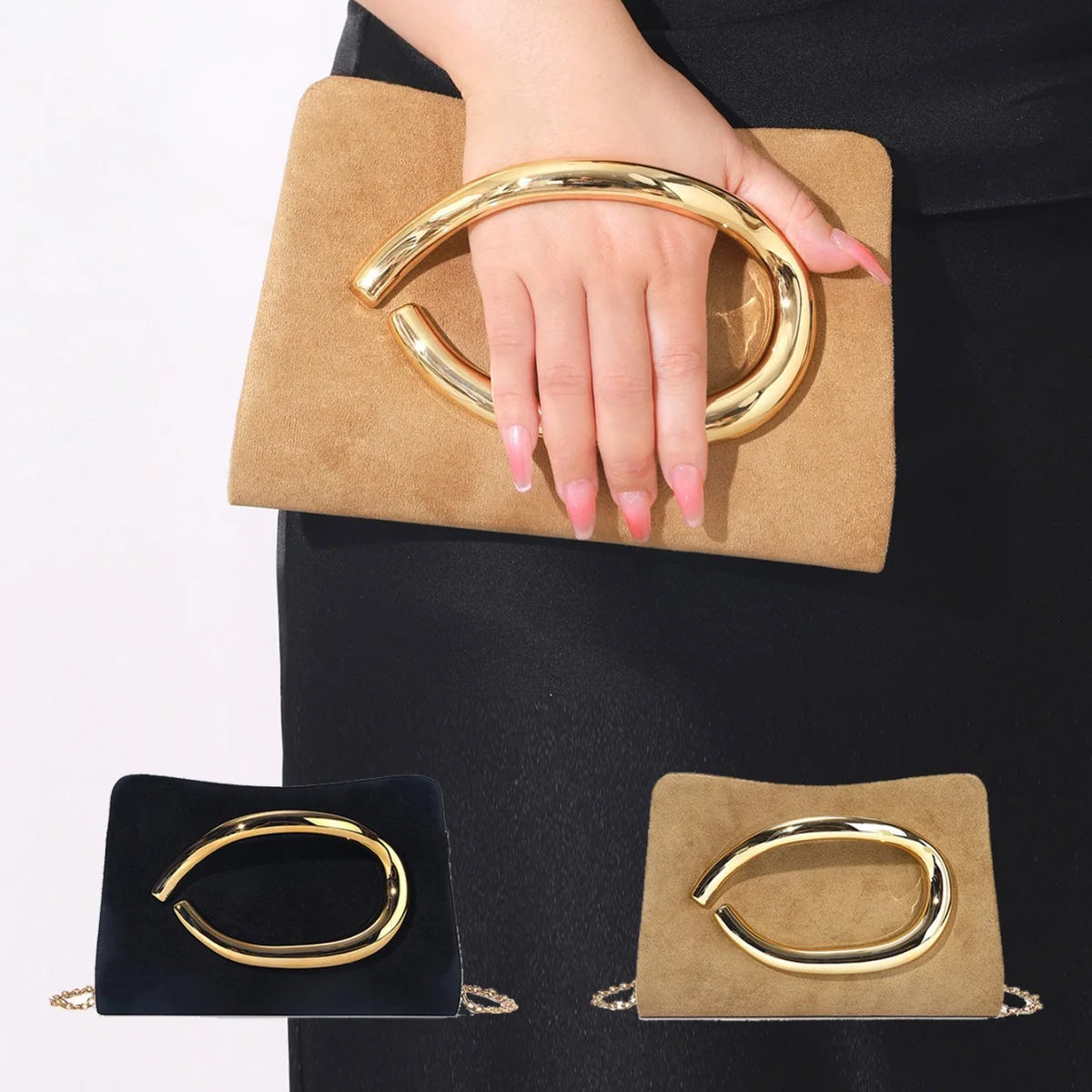 Evening Clutch Suede Gold Handle Secure Closure