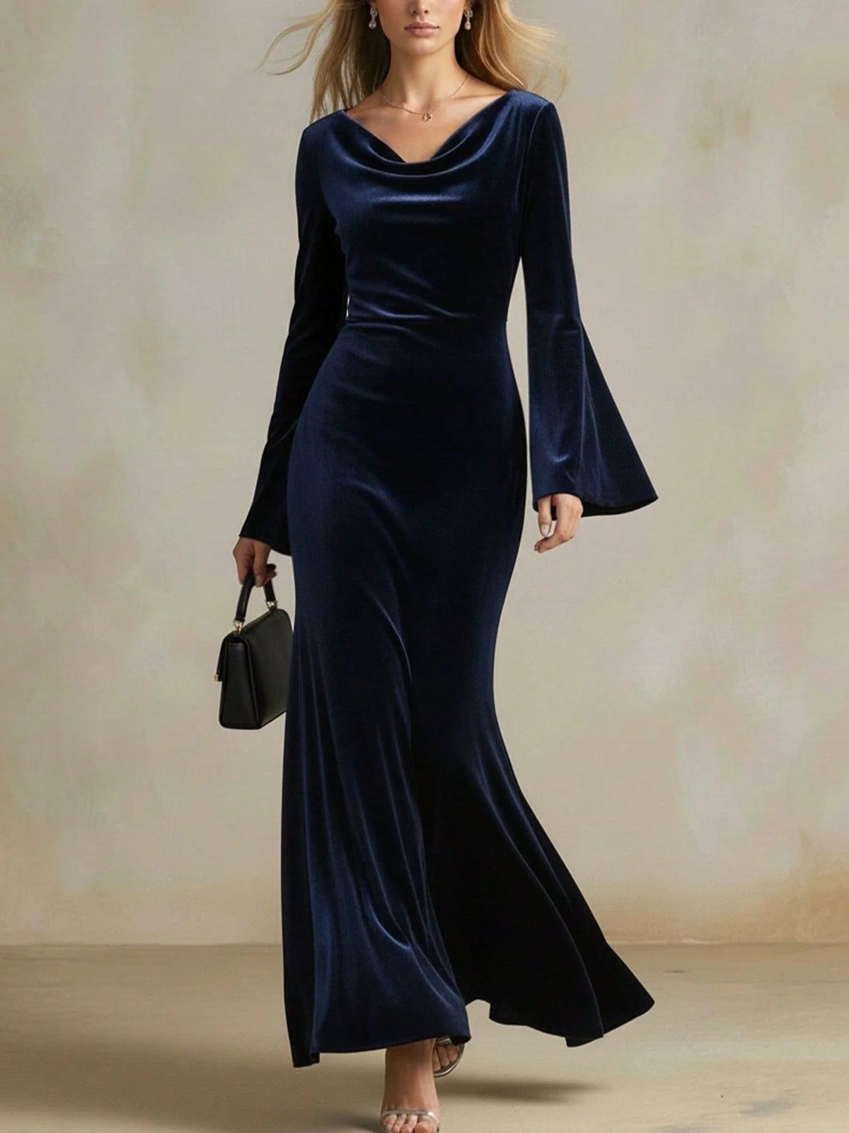 Evening Dress Velvet Cowl Neck Trumpet Sleeves