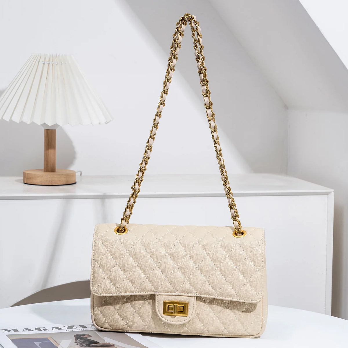 Evening Shoulder Bag Quilted Adjustable Chain Strap Gold-Tone Clasp