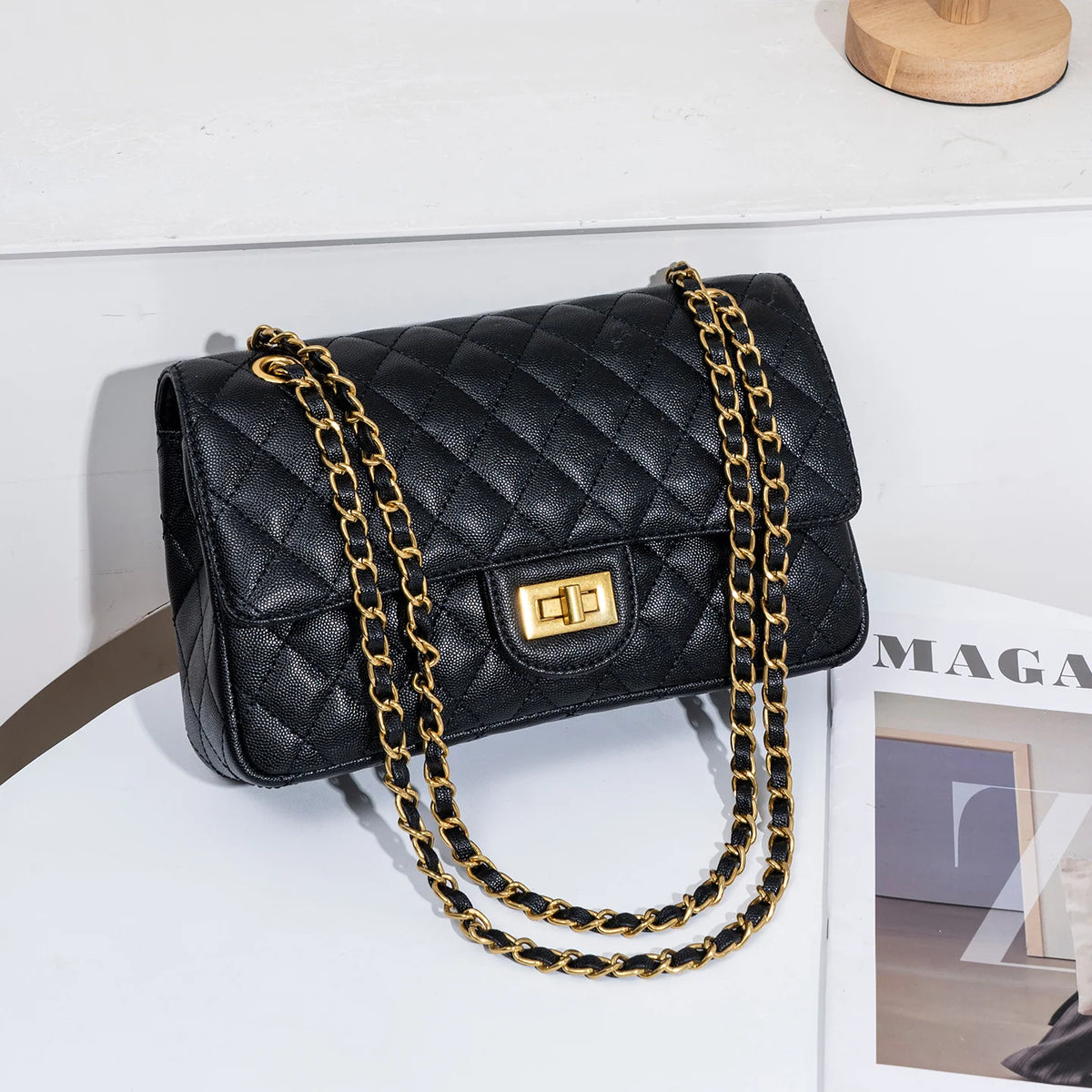 Evening Shoulder Bag Quilted Adjustable Chain Strap Gold-Tone Clasp