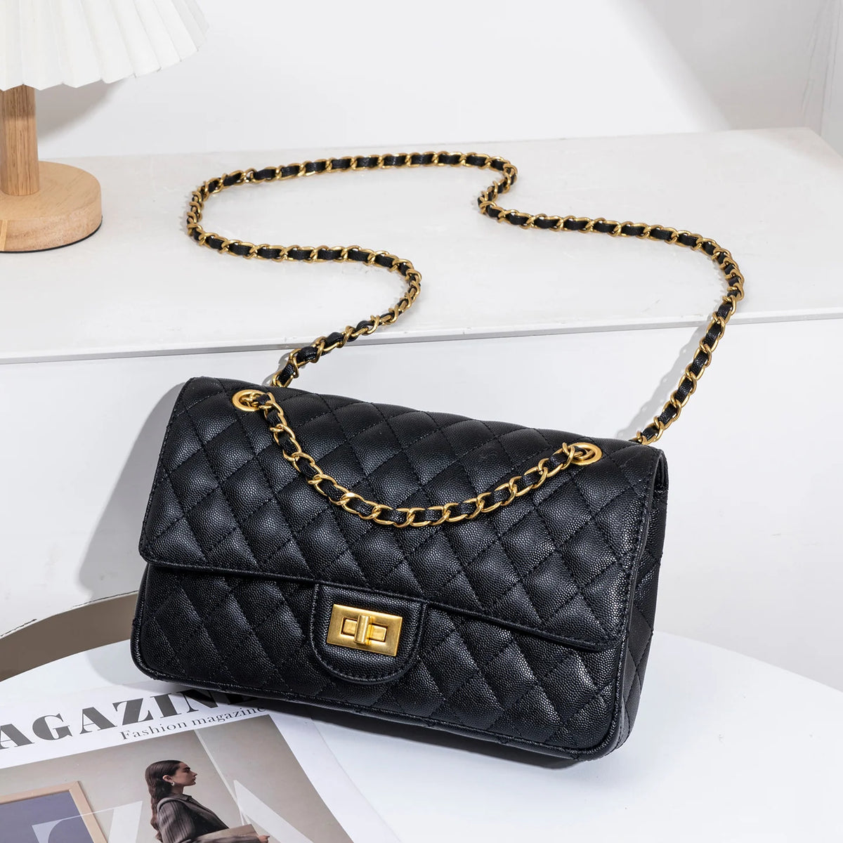 Evening Shoulder Bag Quilted Adjustable Chain Strap Gold-Tone Clasp