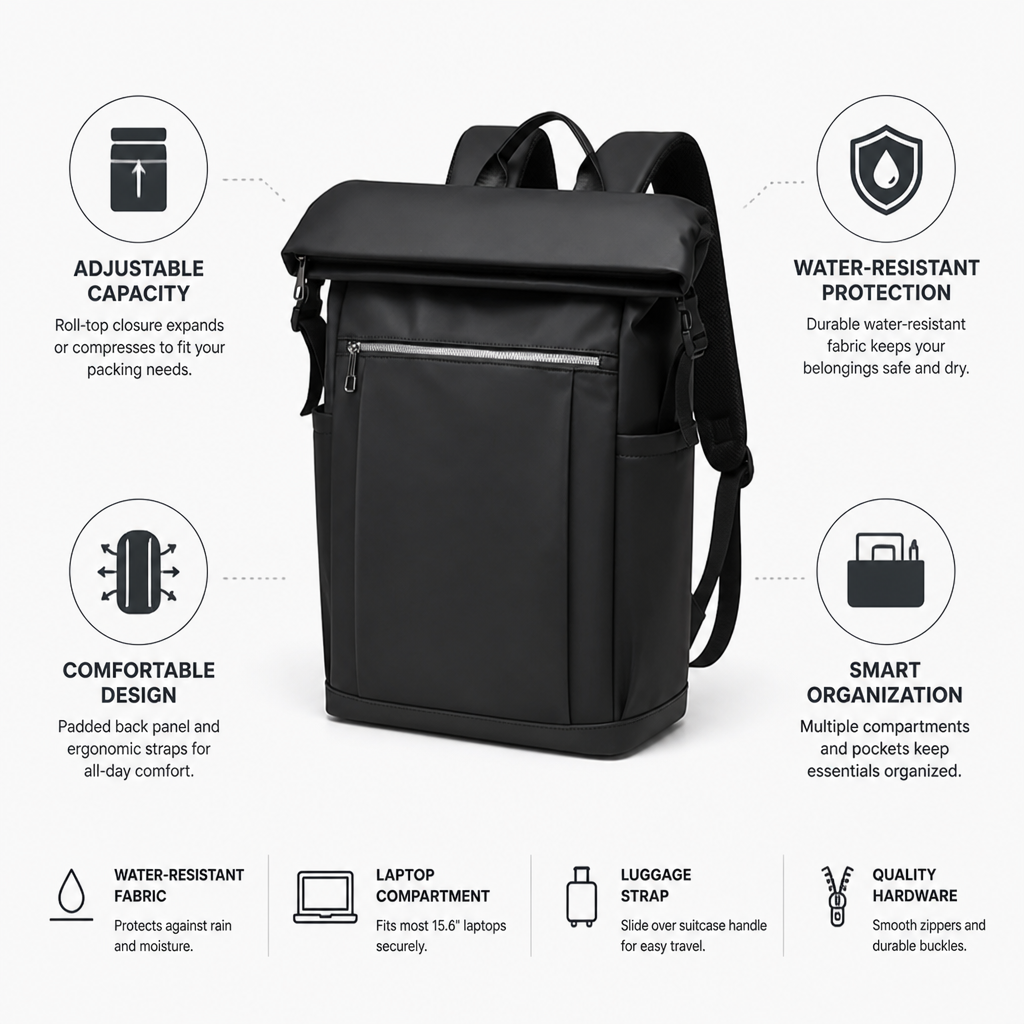 Expandable Water-Resistant Roll-Top Travel Backpack