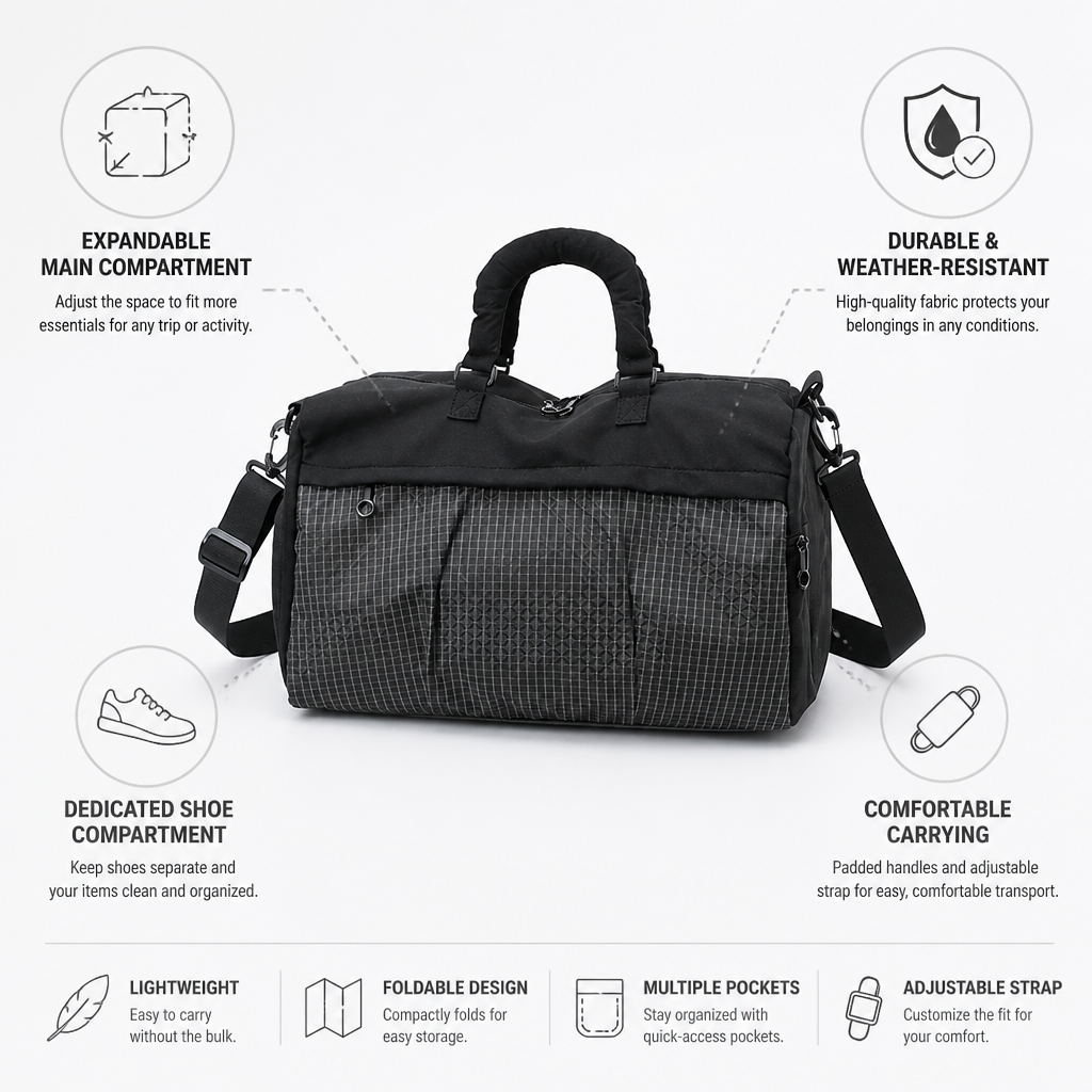 Expandable Weather-Resistant Duffel Bag (Shoe Compartment)