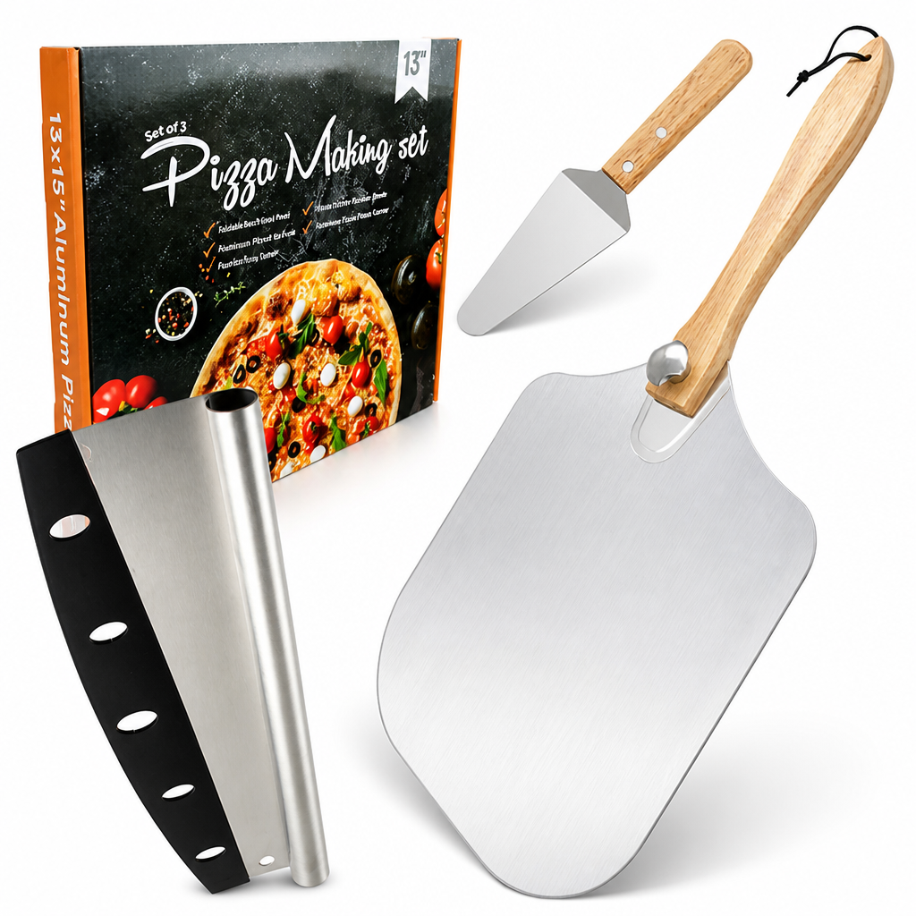 Extra-Large Aluminum Pizza Peel Set (Foldable Beech Handle & Rocker Cutter)