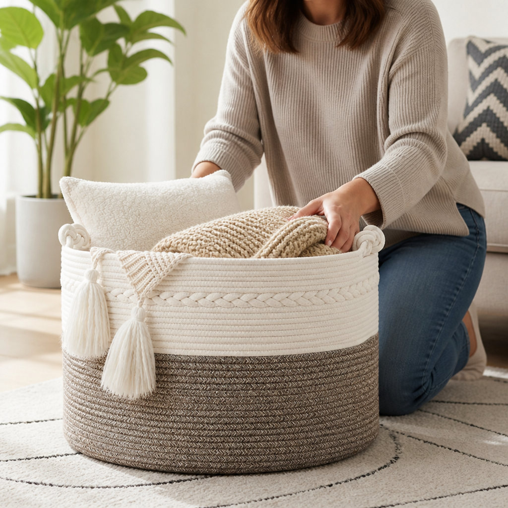 Extra-Large Woven Cotton Rope-Handle Storage Basket