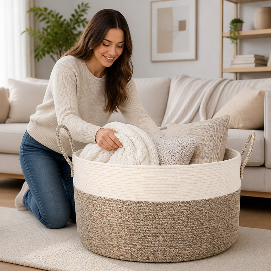 Extra-Large Woven Polyester Storage Basket With Handles