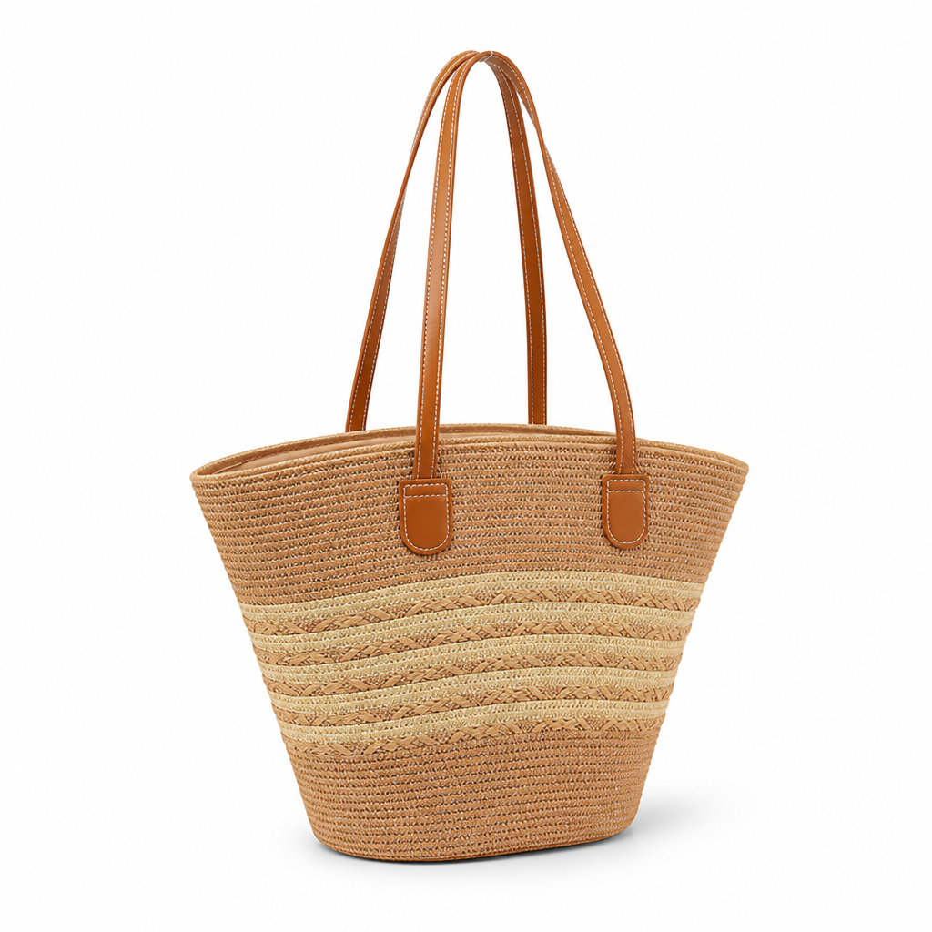 Fan-Shaped Woven Straw Tote (Faux Leather Handles)