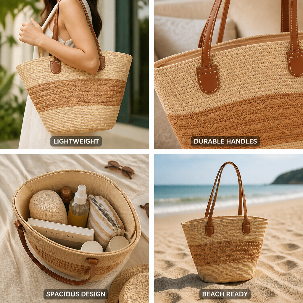 Fan-Shaped Woven Straw Tote (Faux Leather Handles)
