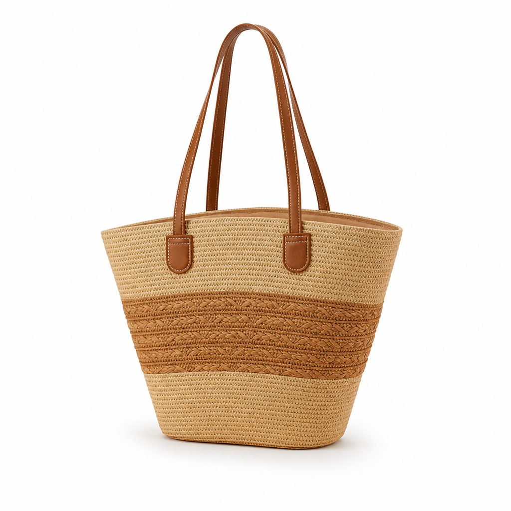 Fan-Shaped Woven Straw Tote (Faux Leather Handles)