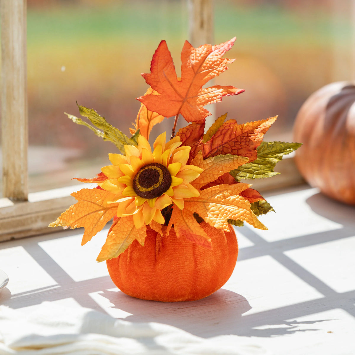 Faux Floral Centerpiece Autumn Sunflower & Pumpkin Vessel