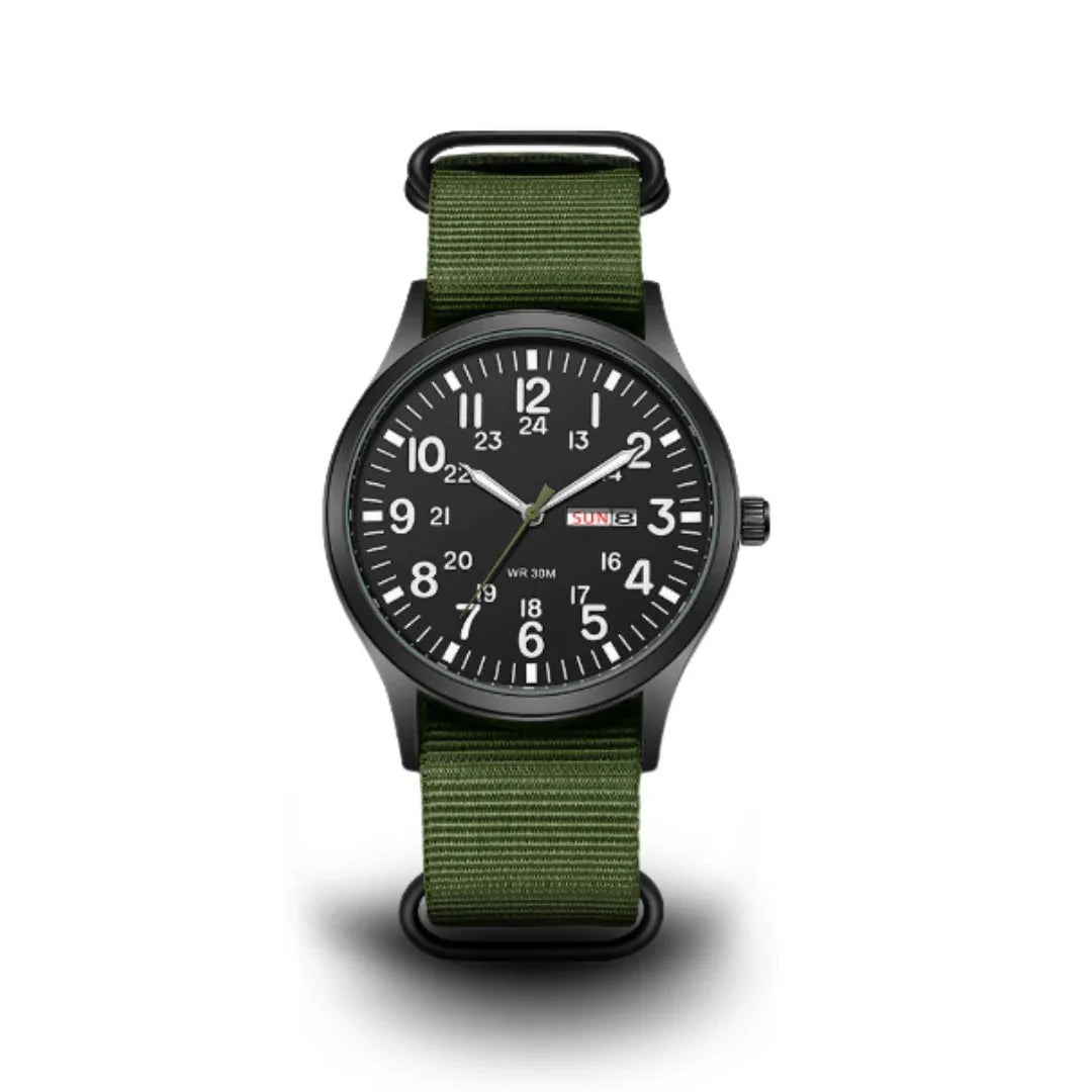 Field Watch Woven Fabric Strap Day-Date Display 24-Hour Dial
